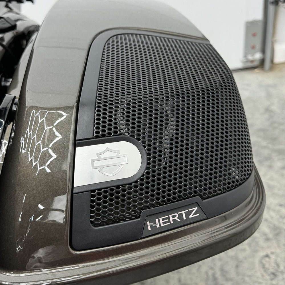 HogBadge Hertz Logos with Silver Text for 2021-2023 Street Glide CVO Factory Front & SaddleBag Lid Grilles