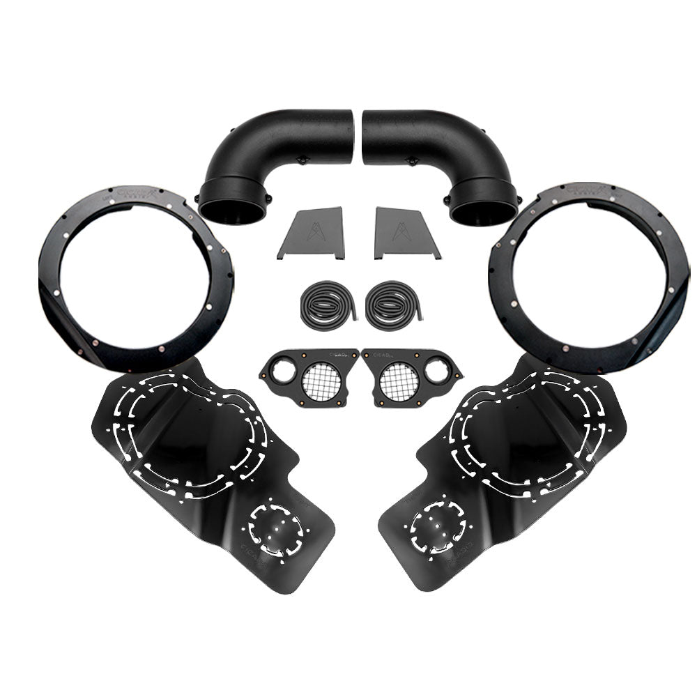 Cicada Audio Saddlebag Cutting Template and 8" or 10" Mid-Bass Mounting Ring and Grille Kits for 2024-Up Harley Davidson® Base Model Motorcycles
