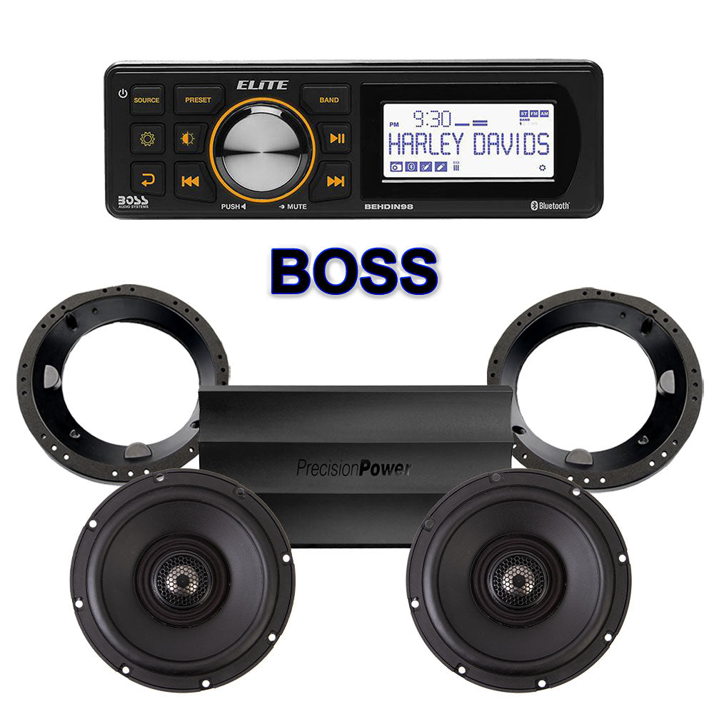 Precision Power Stage 2 Plug & Play Amp And Speaker Package With Boss Elite BEHDIN98 Radio For 1998-2013 Harley Davidson® Road Glide