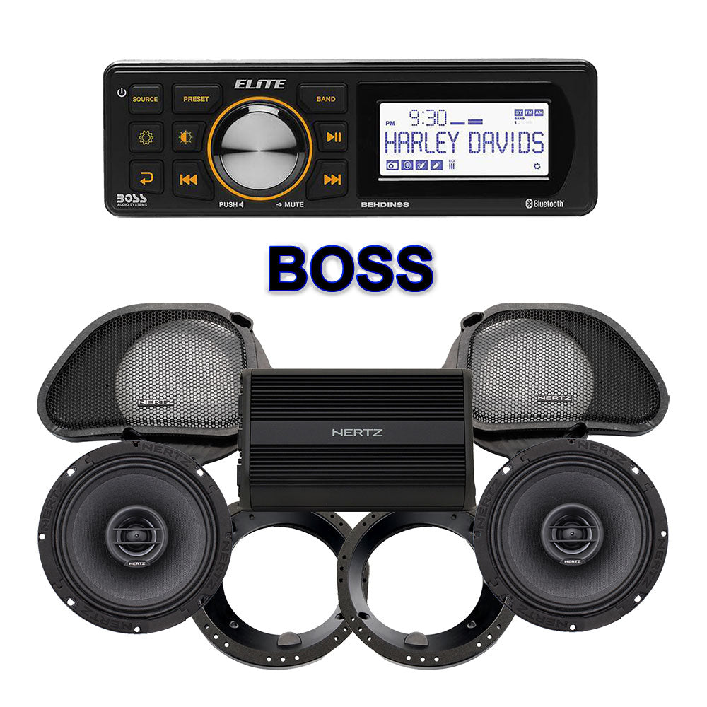 Hertz Stage 2 Plug & Play Amp And Speaker Package With Boss Elite BEHDIN98 Radio For 1998-2013 Harley Davidson® Road Glide