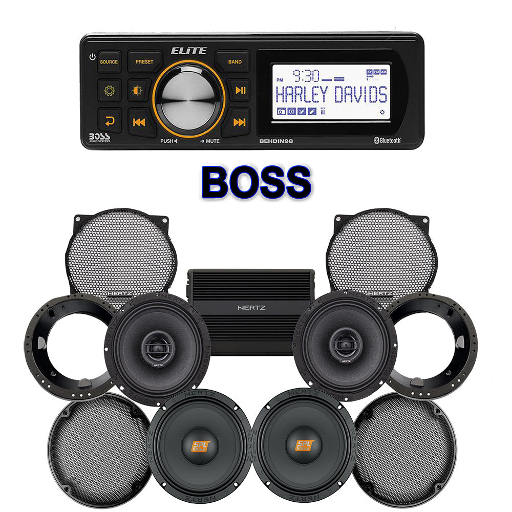 Hertz Stage 4 Plug & Play Amp And Speaker Package With Boss Elite BEHDIN98 Radio For 1998-2013 Harley Davidson® Street Glide, Electra Glide, And Ultra