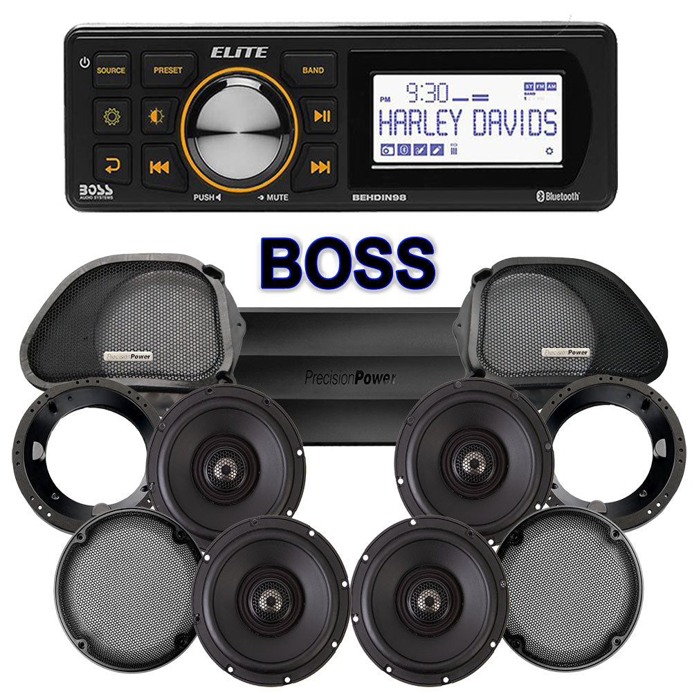 Precision Power Stage 4 Plug & Play Amp And Speaker Package With Boss Elite BEHDIN98 Radio For 1998-2013 Harley Davidson® Road Glide