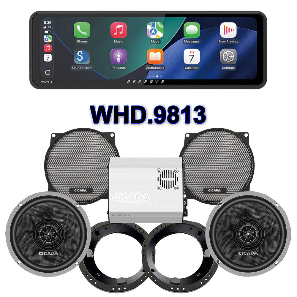 Cicada Audio CXX Stage 2 Plug & Play Amp And Speaker Package With Soundstream Reserve WHD.9813 Radio For 1998-2013 Harley Davidson® Street Glide, Electra Glide, And Ultra