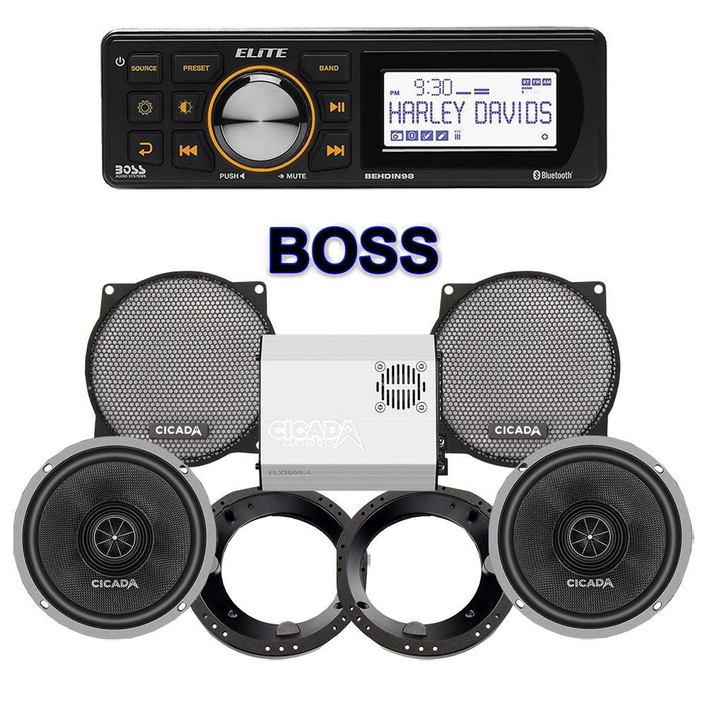 Cicada Audio CXX Stage 2 Plug & Play Amp And Speaker Package With Boss Elite BEHDIN98 Radio For 1998-2013 Harley Davidson® Street Glide, Electra Glide, And Ultra