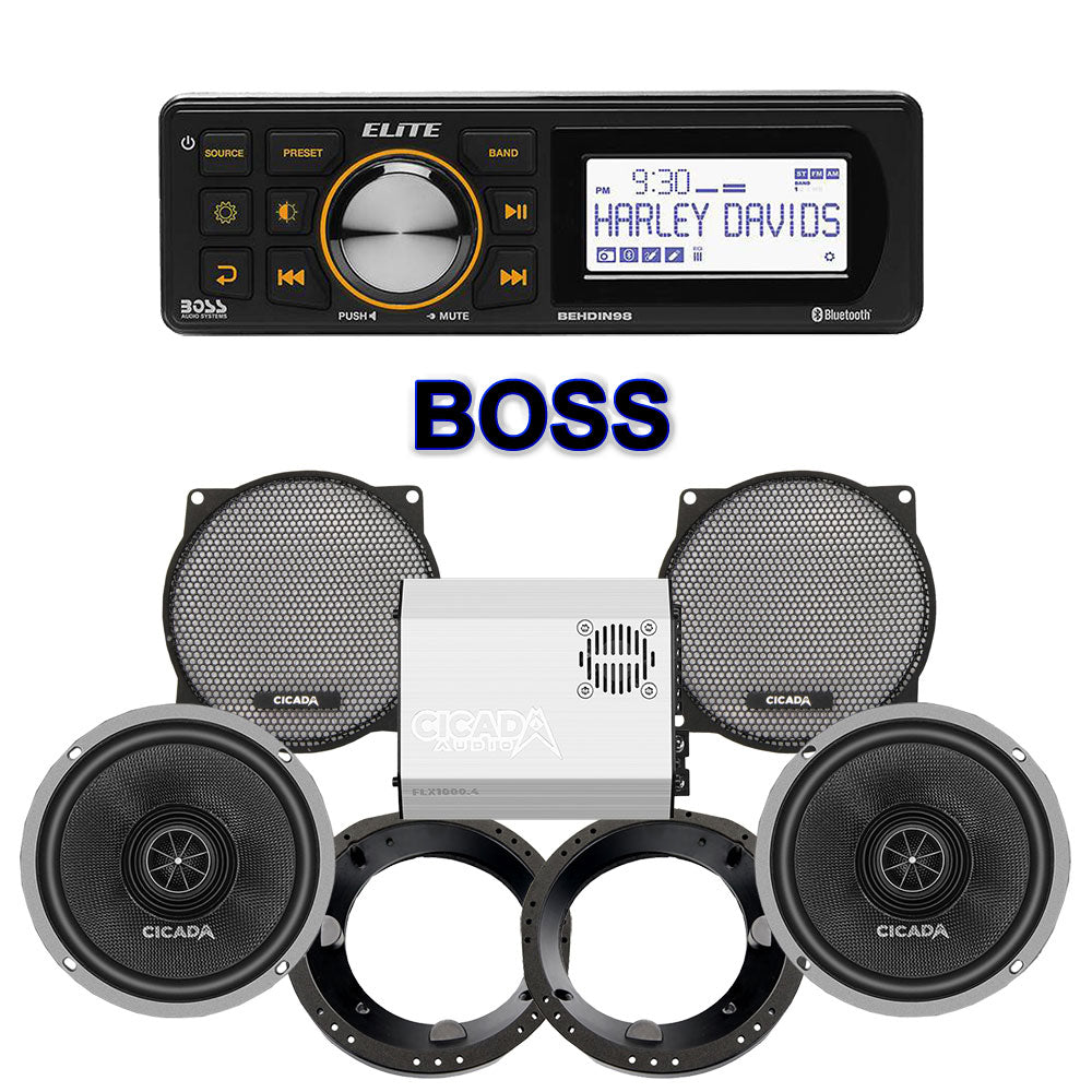 Cicada Audio CXX Stage 2 Plug & Play Amp And Speaker Package With Boss Elite BEHDIN98 Radio For 1998-2013 Harley Davidson® Street Glide, Electra Glide, And Ultra