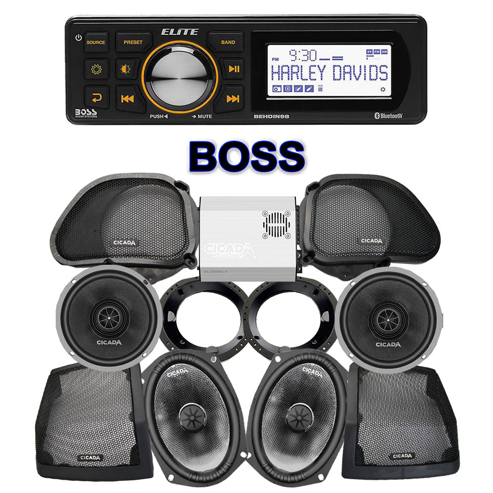 Cicada Audio CXX Stage 4 Plug & Play Amp And Speaker Package With BOSS Elite BEHDIN98 Radio For 1998-2013 Harley Davidson® CVO Road Glide