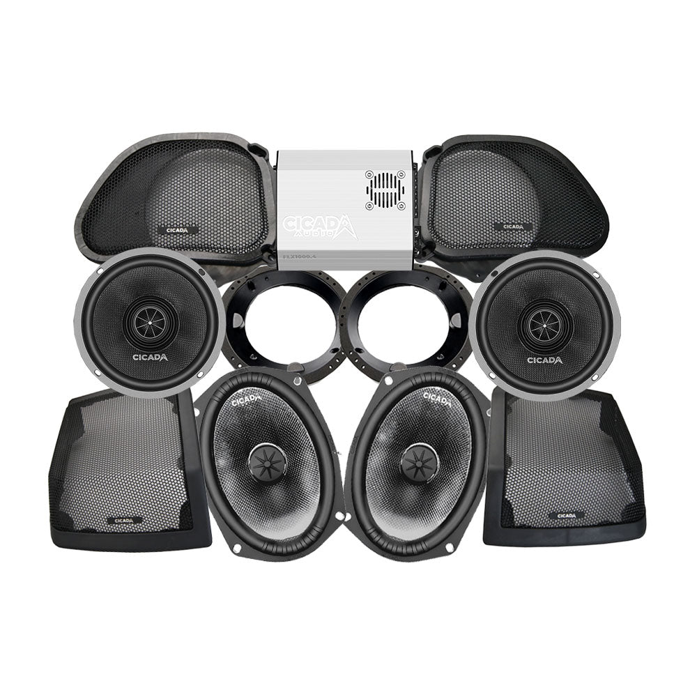 Cicada Audio CXX Stage 4 Plug & Play Amp And Speaker Package For 1998-2013 Harley Davidson® Road Glide for Existing Soundstream Reserve, Aquatic-AV, and Boss Radios