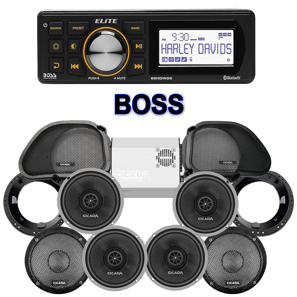 Cicada Audio CXX Stage 4 Plug & Play Amp And Speaker Package With BOSS Elite BEHDIN98 Radio For 1996-2013 Harley Davidson® CVO Road Glide