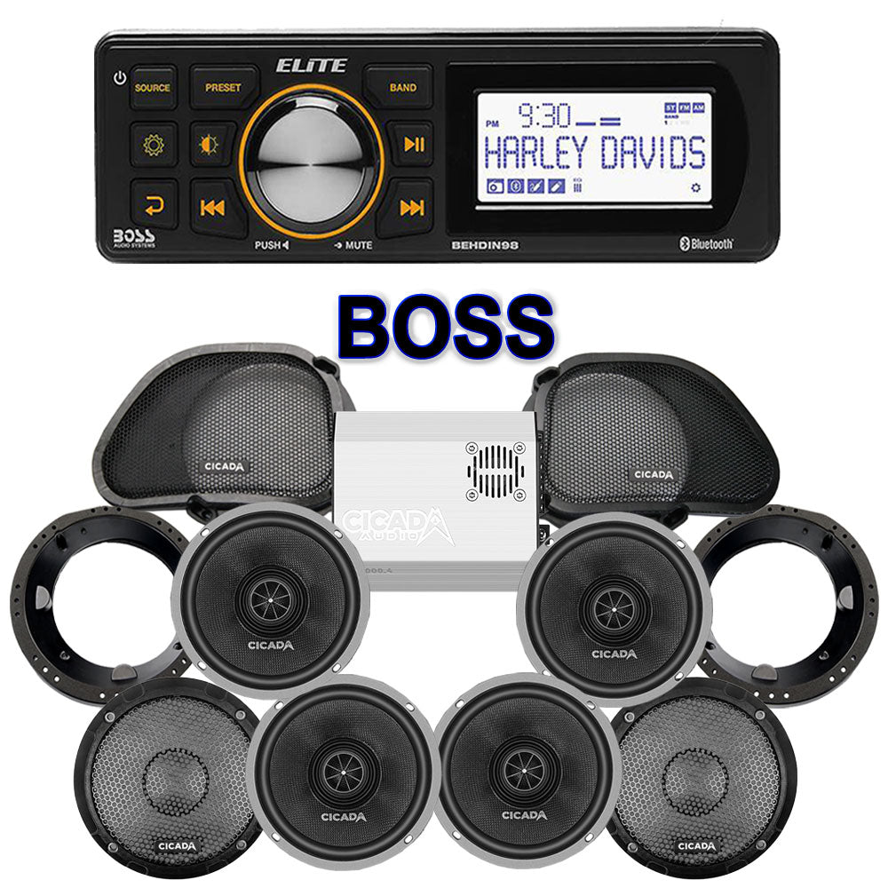 Cicada Audio CXX Stage 4 Plug & Play Amp And Speaker Package With BOSS Elite BEHDIN98 Radio For 1996-2013 Harley Davidson® CVO Road Glide