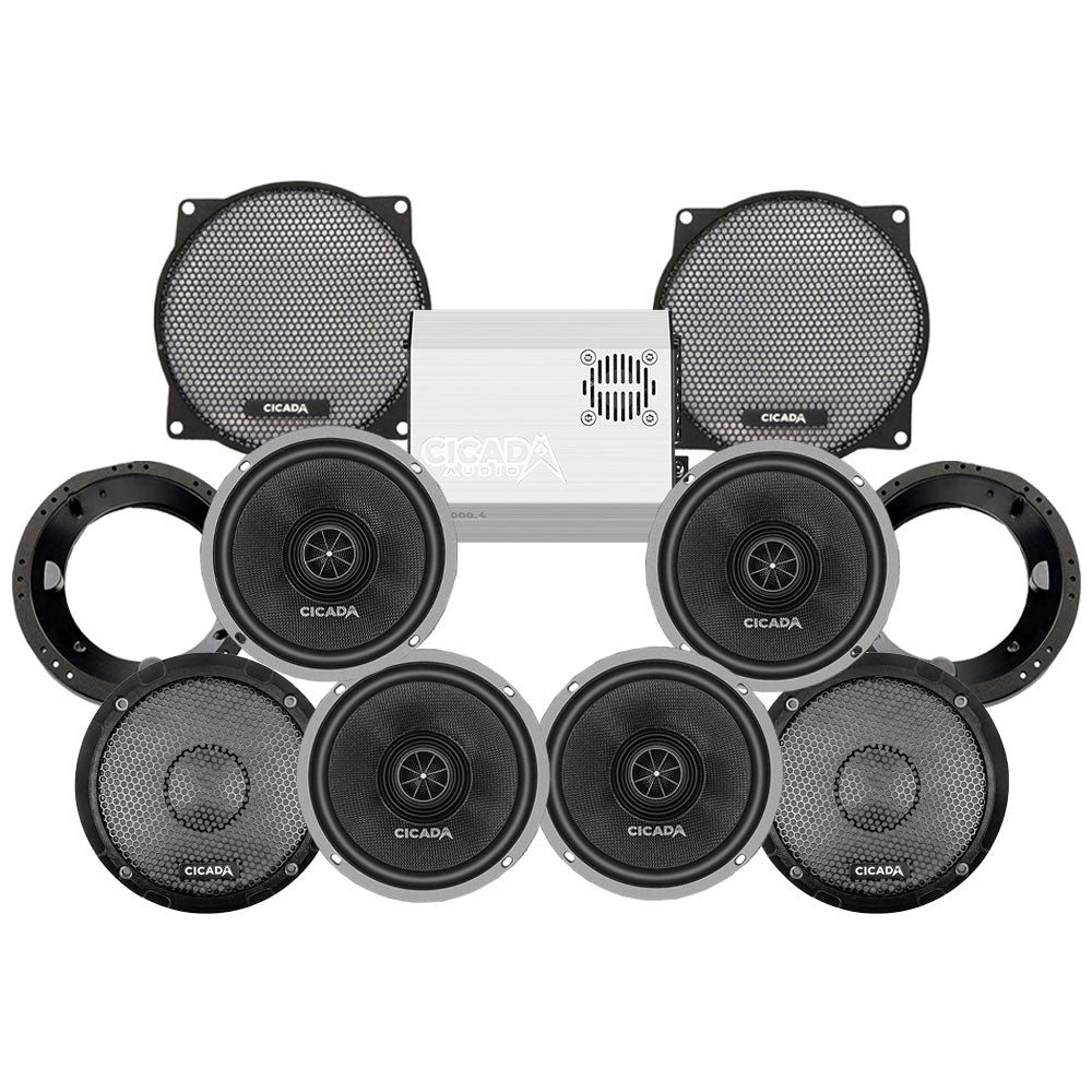 Cicada Audio CXX Stage 4 Plug & Play Amp And Speaker Package For 1996-2013 Harley Davidson® Street Glide, Electra Glide, And Ultra for Existing SoundStream Reserve, Aquatic-AV, and Boss Radios