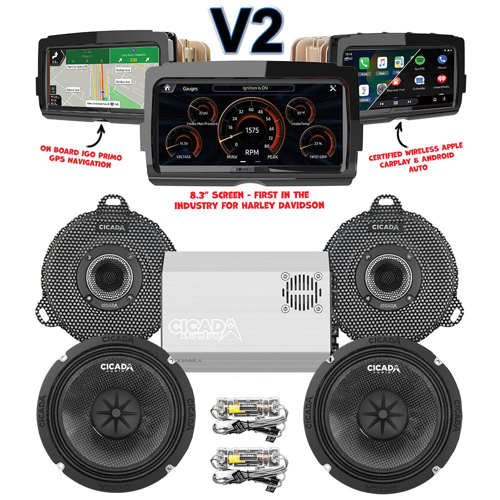 Cicada Audio CXK Stage 2 Plug & Play Amp and Speaker Package With Soundstream Reserve V2 Radio For 2014-2023 Harley Davidson® Street Glide, Electra Glide, and Ultra