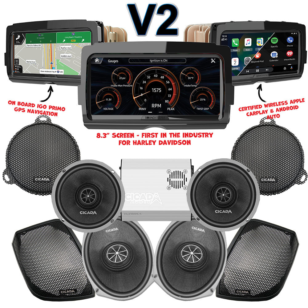 Cicada Audio CXX Stage 4 Plug & Play Amp And Speaker Package With Soundstream Reserve V2 Radio For 2014-2023 Harley Davidson® Street Glide, Electra Glide, And Ultra