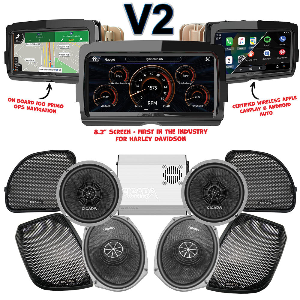 Cicada Audio CXX Stage 4 Plug & Play Amp And Speaker Package With Soundstream Reserve V2 Radio For 2015-2023 Harley Davidson® Road Glide