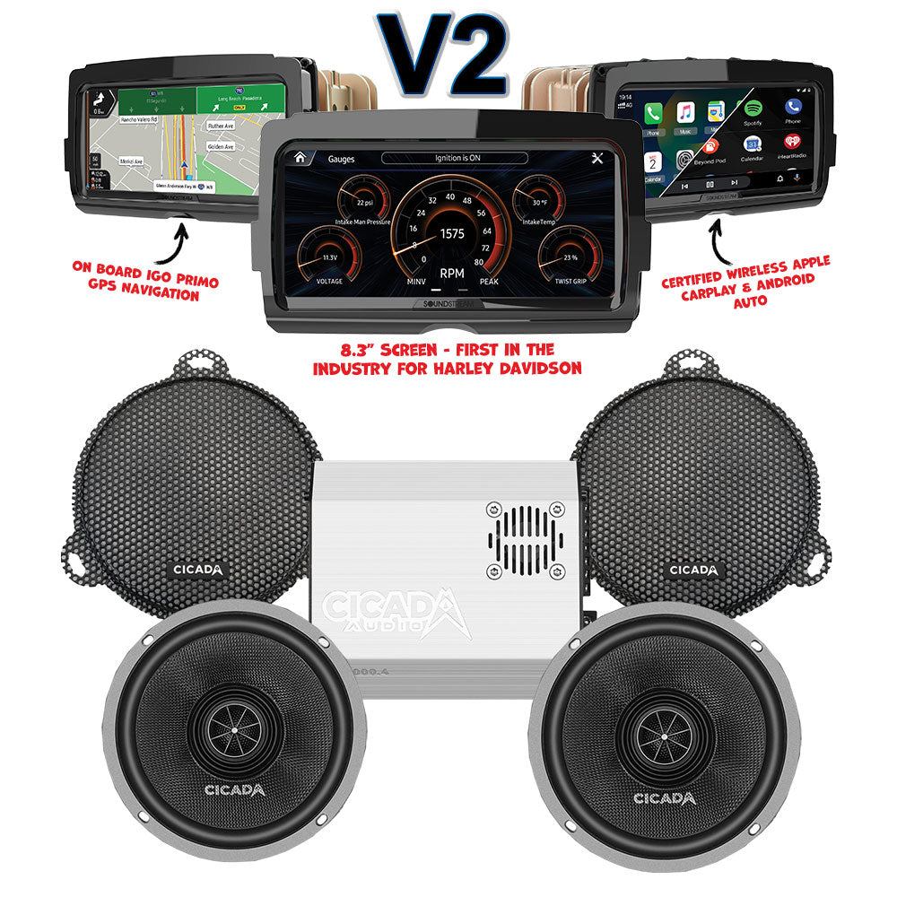 Cicada Audio CXX Stage 2 Plug & Play Amp and Speaker Package With Soundstream Reserve V2 Radio For 2014-2023 Harley Davidson® Street Glide, Electra Glide, and Ultra