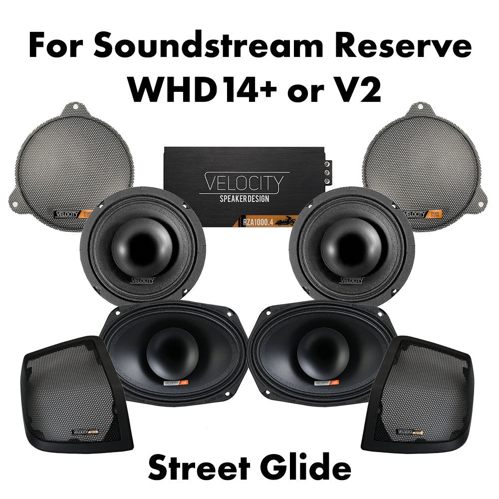 Velocity Stage 4 Plug & Play Amp and Speaker Package For 2014-2023 Harley Davidson® Street Glide and Street Glide Specials with Existing Soundstream Reserve WHD14+ or V2 Radio