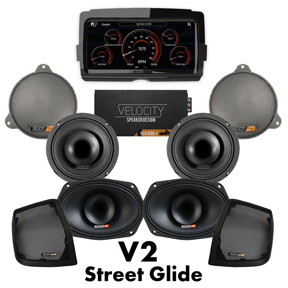 Velocity Stage 4 Plug & Play Amp and Speaker Package For 2014-2023 Harley Davidson® Street Glide and Street Glide Specials with Soundstream Reserve V2 Radio