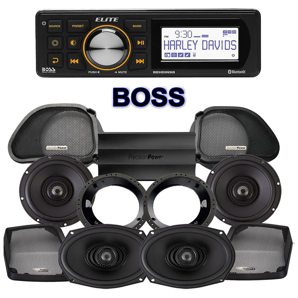 Precision Power Stage 4 Plug & Play Amp And Speaker Package With Boss Elite BEHDIN98 Radio For 1998-2013 Harley Davidson® Road Glide