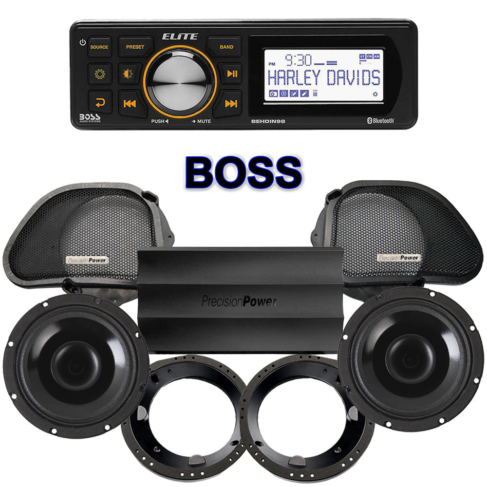 Precision Power HT Stage 2 Plug & Play Amp And Speaker Package With Boss Elite BEHDIN98 Radio For 1998-2013 Harley Davidson® Road Glide
