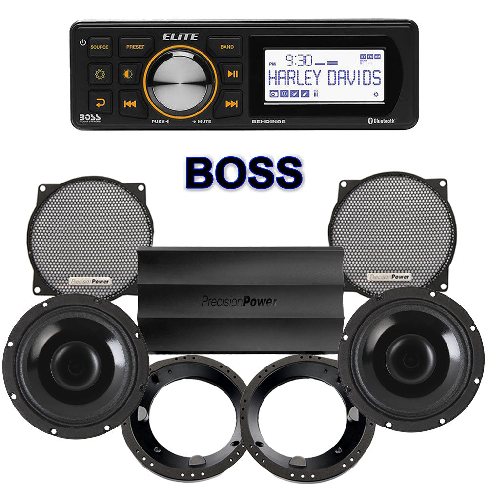 Precision Power HT Stage 2 Plug & Play Amp And Speaker Package With Boss Elite BEHDIN98 Radio For 1998-2013 Harley Davidson® Street Glide, Electra Glide, And Ultra