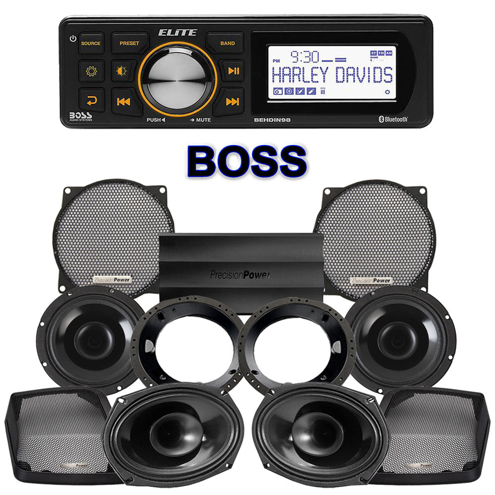 Precision Power HT Stage 4 Plug & Play Amp And Speaker Package With Boss Elite BEHDIN98 Radio For 1998-2013 Harley Davidson® Street Glide, Electra Glide, And Ultra
