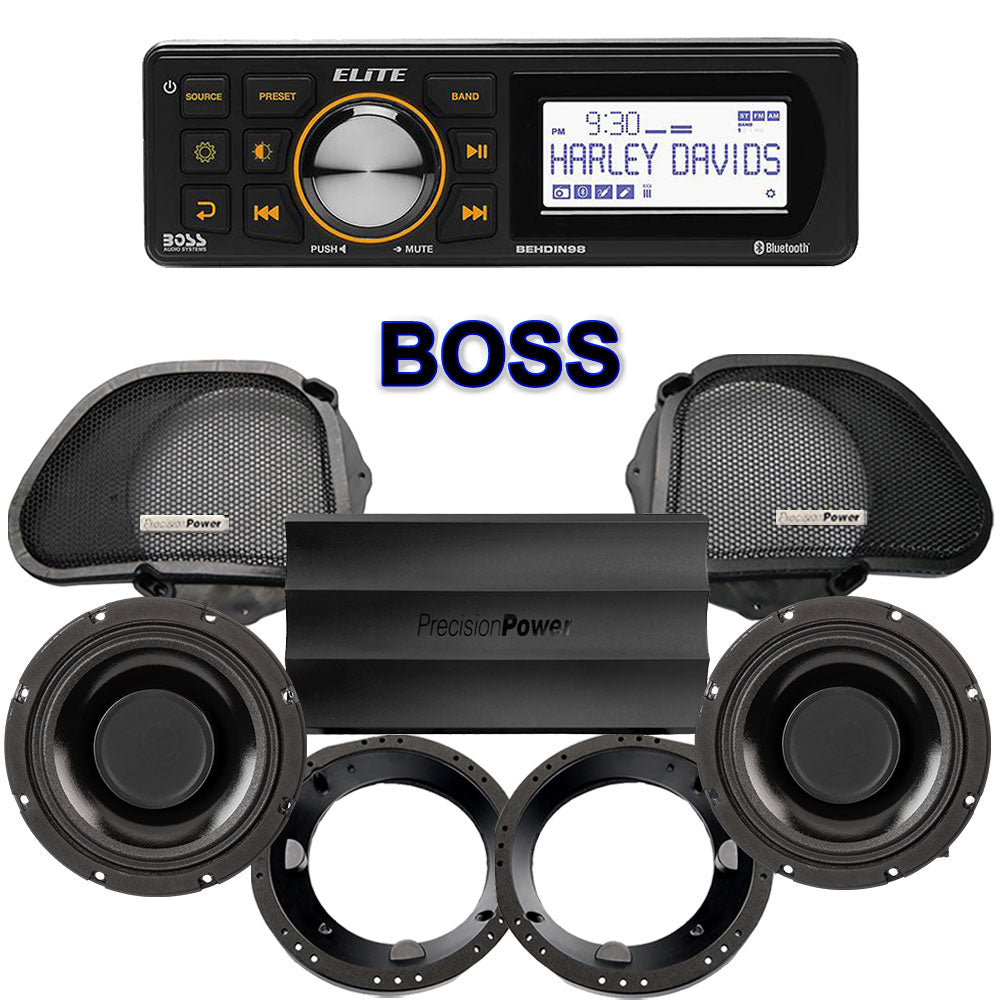 Precision Power HTW Stage 2 Plug & Play Amp And Speaker Package With Boss Elite BEHDIN98 Radio For 1998-2013 Harley Davidson® Road Glide