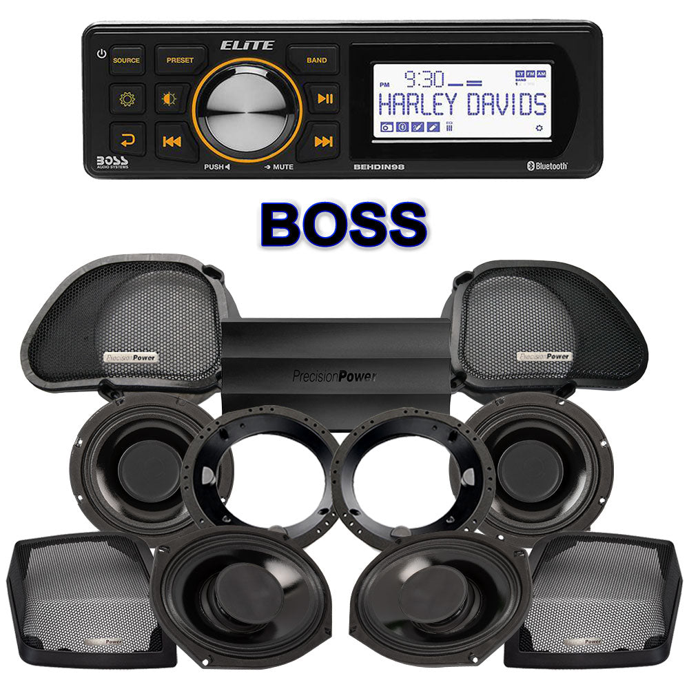 Precision Power HTW Stage 4 Plug & Play Amp And Speaker Package With Boss Elite BEHDIN98 Radio For 1998-2013 Harley Davidson® Road Glide