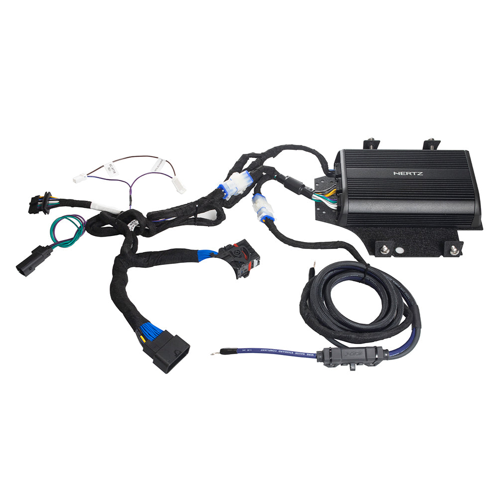 Hertz SP 4.900 Amp + Rockford Plug-&-Play Harness + Metra BC-AMP04 Amp Plate for 2014-2023 Harley Davidson® Road Glide with Soundstream Radio