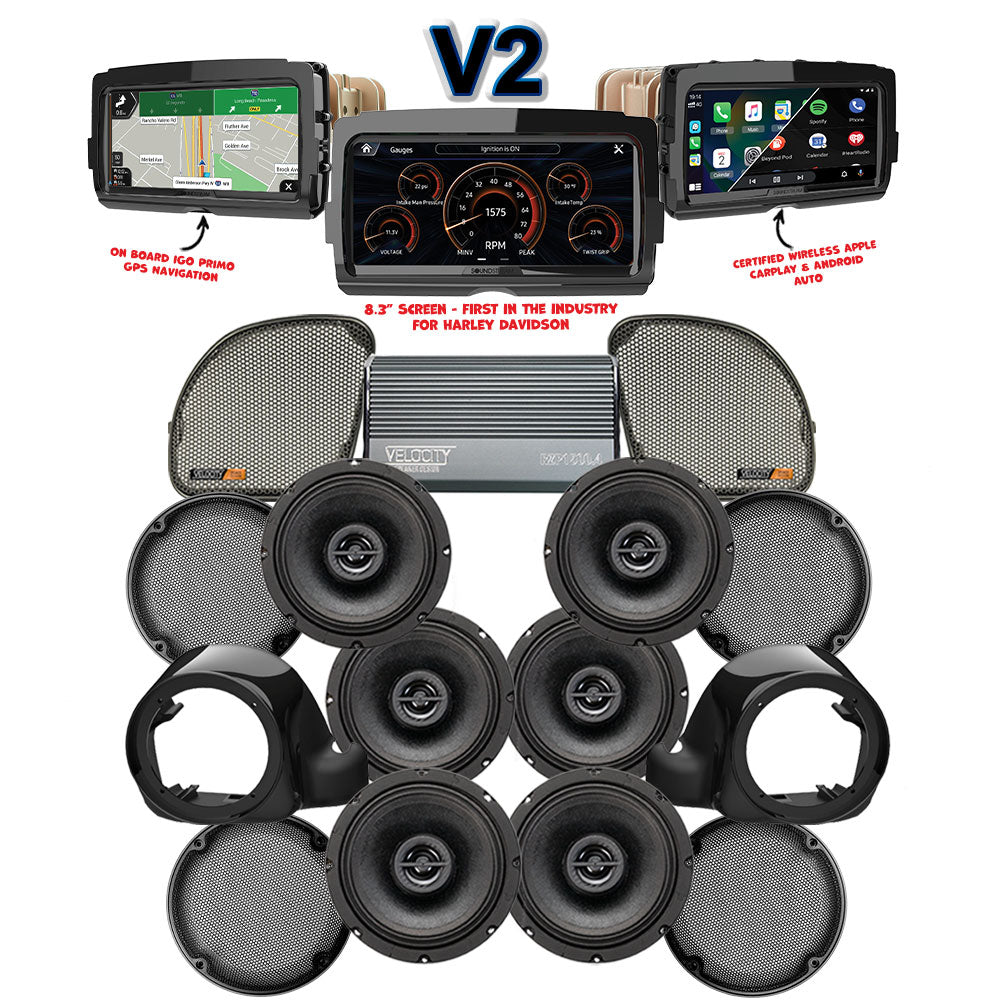Velocity Stage 6 Plug & Play Amp and Speaker Package with Liquid-Cooled Lower Fairing Adapters and SoundStream Reserve V2 Radio For 2015-2024 Harley Davidson® Road Glide Ultra / Limited