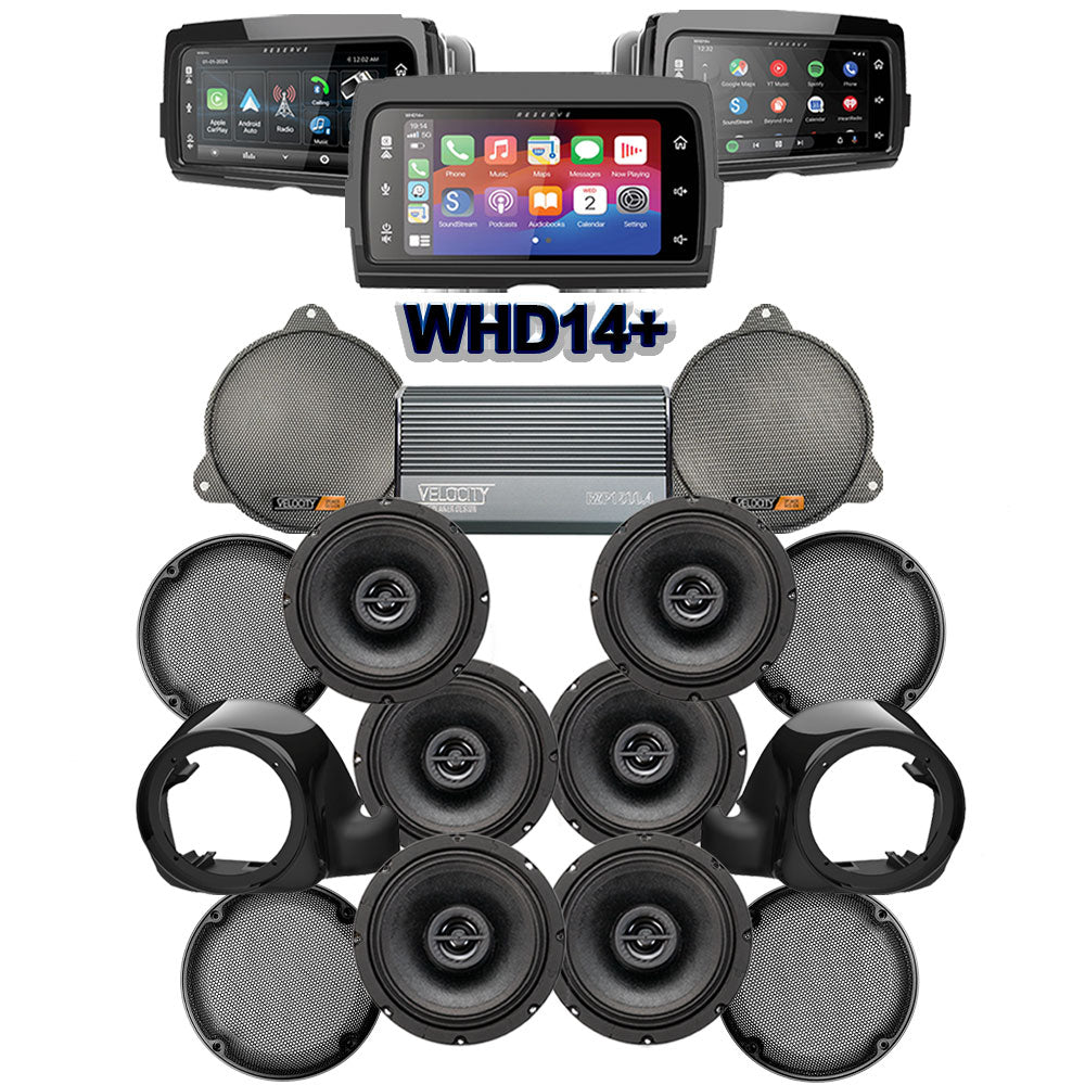Velocity Stage 6 Plug & Play Amp and Speaker Package with Liquid-Cooled Lower Fairing Adapters and Soundstream Reserve WHD14+ Radio For 2020-2021 Harley Davidson® CVO Tri Glide