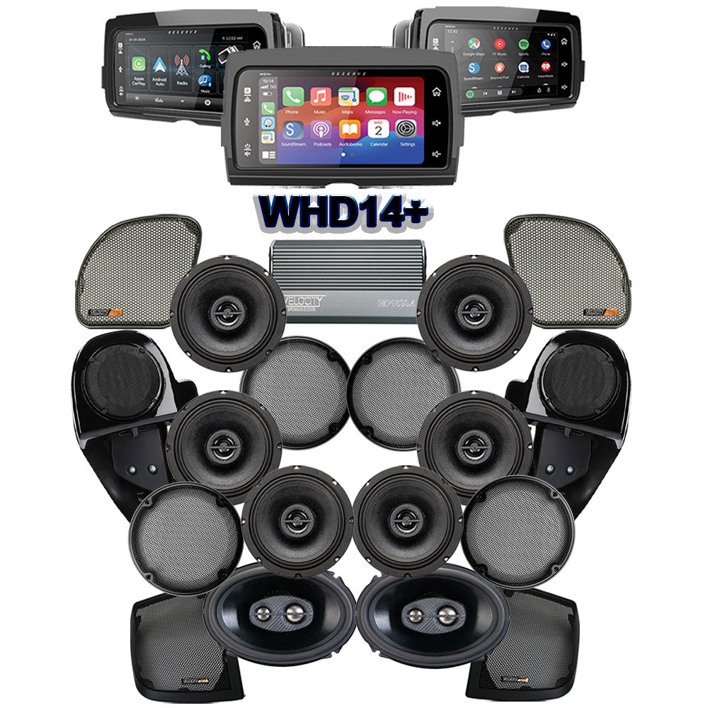 Velocity Stage 8 Plug & Play Amp and Speaker Package with Complete Lower Fairing Adapters and SoundStream Reserve WHD14+ Radio For 2015-2023 Harley Davidson® Road Glide