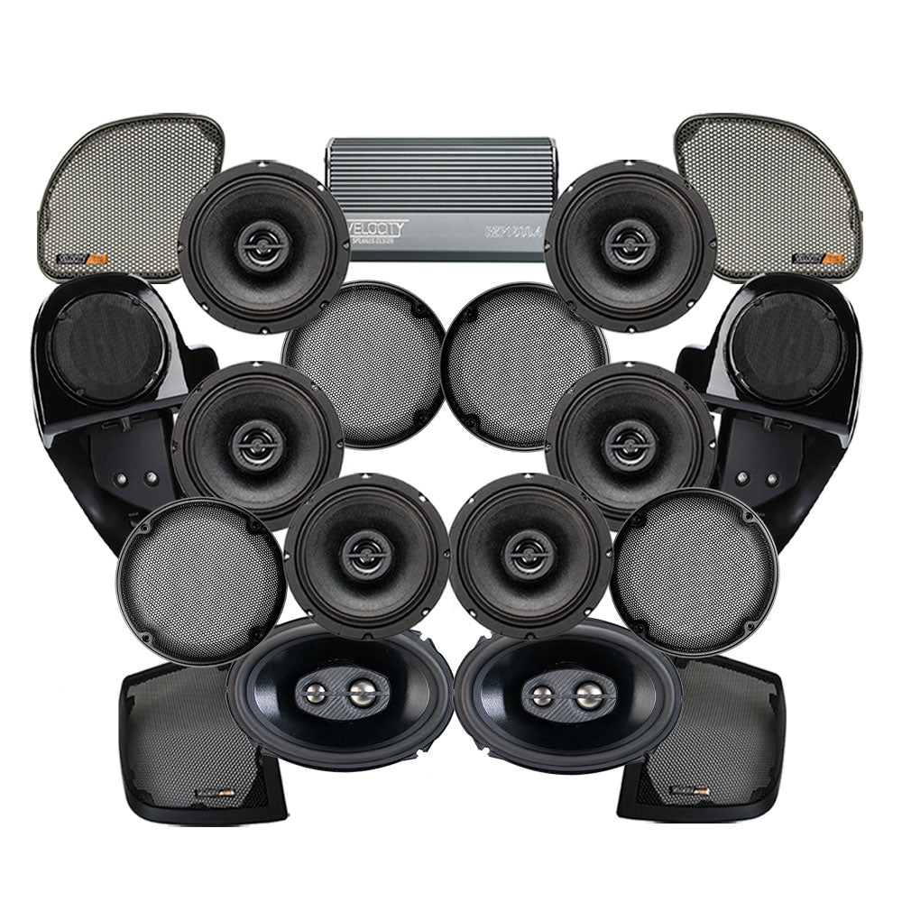 Velocity Stage 8 Plug & Play Amp and Speaker Package with Complete Lower Fairing Adapters For 2015-2023 Harley Davidson® Road Glide with Factory or Existing SoundStream Reserve Radios