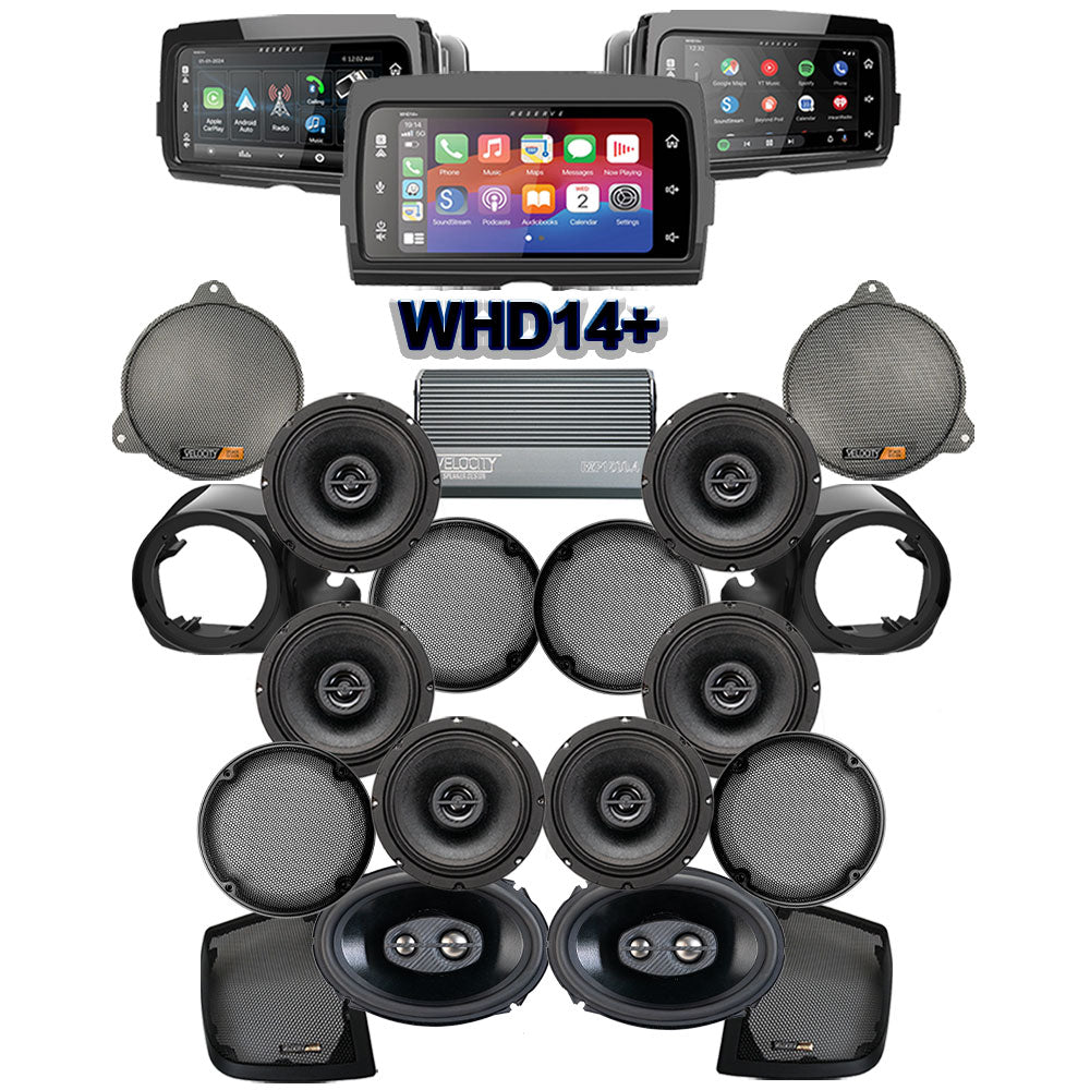 Velocity Stage 8 Plug & Play Amp and Speaker Package with Liquid-Cooled Lower Fairing Adapters and SoundStream Reserve WHD14+ Radio For 2014-2024 Harley Davidson® Ultra Limited