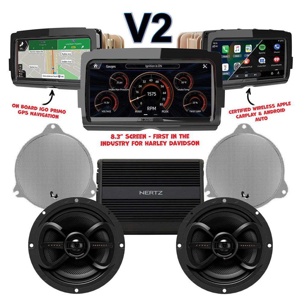 Infinity Stage 2 Plug & Play Amp and Speaker Package With Soundstream Reserve V2 Radio For 2014-2023 Harley Davidson® Street Glide, Electra Glide, and Ultra
