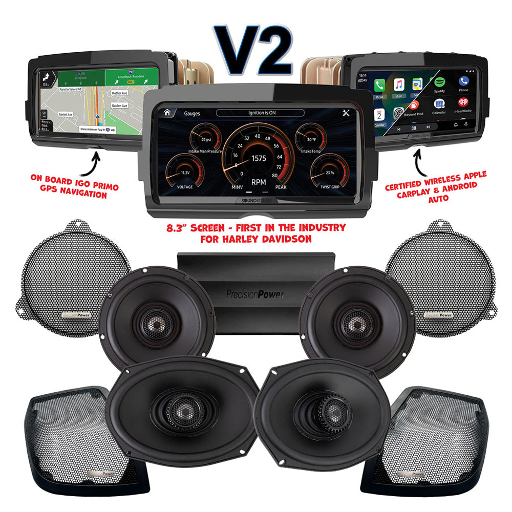 Precision Power Stage 4 Plug & Play Amp And Speaker Package With Soundstream Reserve V2 Radio For 2014-2023 Harley Davidson® Street Glide, Electra Glide, And Ultra