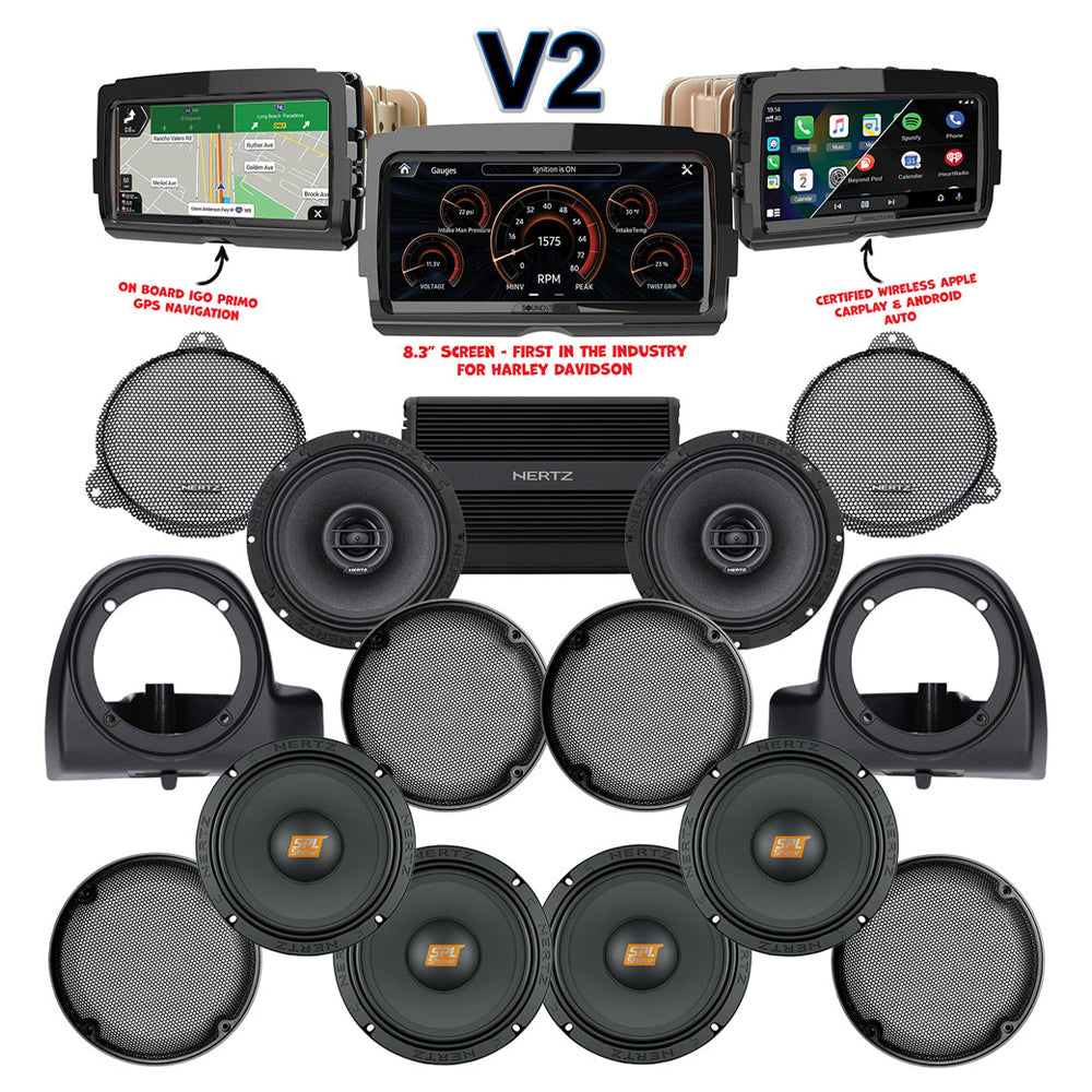 Hertz Stage 6 Plug & Play Amp and Speaker Package with Air-Cooled Lower Fairing Adapters and SoundStream Reserve V2 Radio For 2014-2019 Harley Davidson® Electra Glide Ultra
