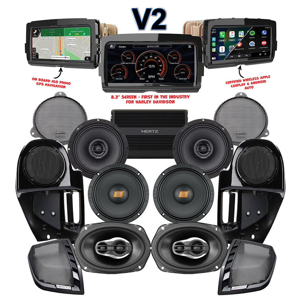 Hertz Stage 6 Plug & Play Amp and Speaker Package with Complete Lower Fairing Adapters and SoundStream Reserve V2 Radio For 2014-2023 Harley Davidson® Street Glide and Electra Glide