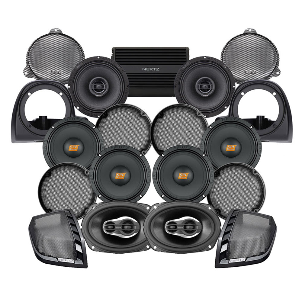 Hertz Stage 8 Plug & Play Amp and Speaker Package with Air-Cooled Lower Fairing Adapters For 2014-2019 Harley Davidson® Electra Glide Ultra with Factory or Existing SoundStream Reserve Radios