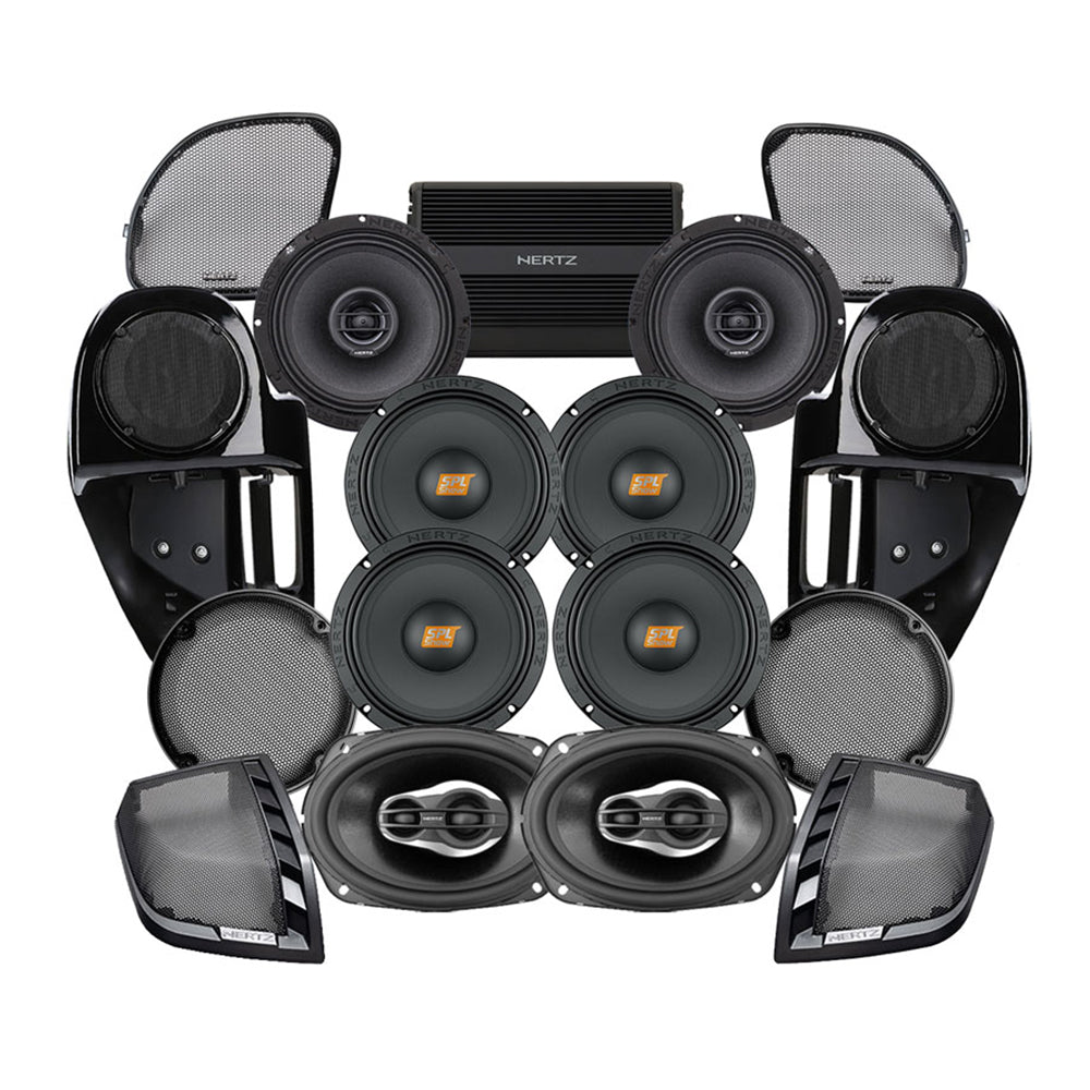 Hertz Stage 8 Plug & Play Amp and Speaker Package with Complete Lower Fairing Adapters For 2015-2023 Harley Davidson® Road Glide with Factory or Existing SoundStream Reserve Radios