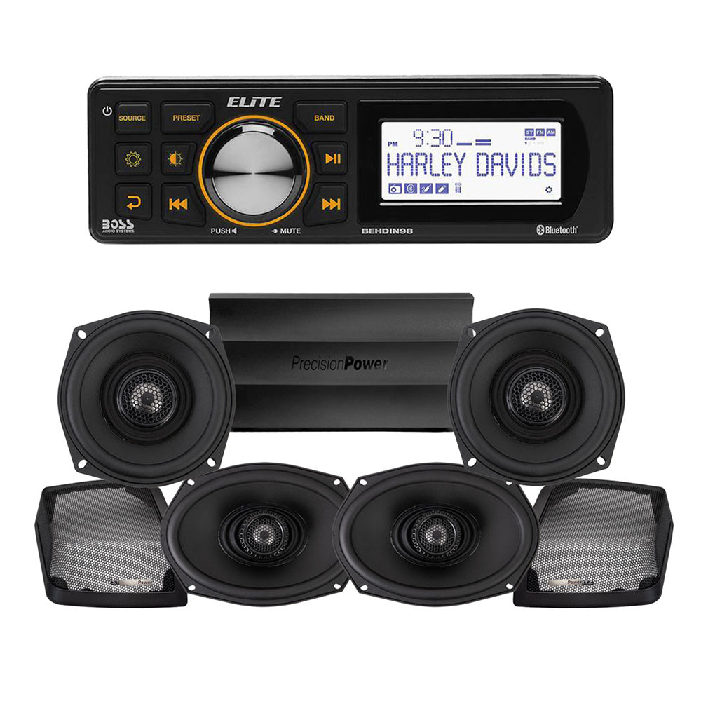 Precision Power Stage 4 Plug & Play Amp And Speaker Package With Boss Elite BEHDIN98 Radio For 1998-2013 Harley Davidson® Road Glide