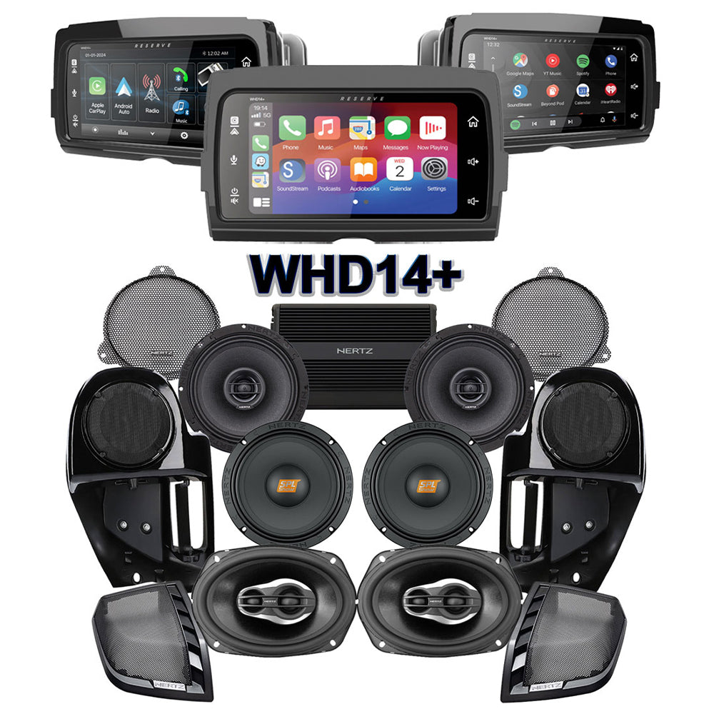 Hertz Stage 6 Plug & Play Amp and Speaker Package with Complete Lower Fairing Adapters and SoundStream Reserve WHD14+ Radio For 2014-2023 Harley Davidson® Street Glide and Electra Glide