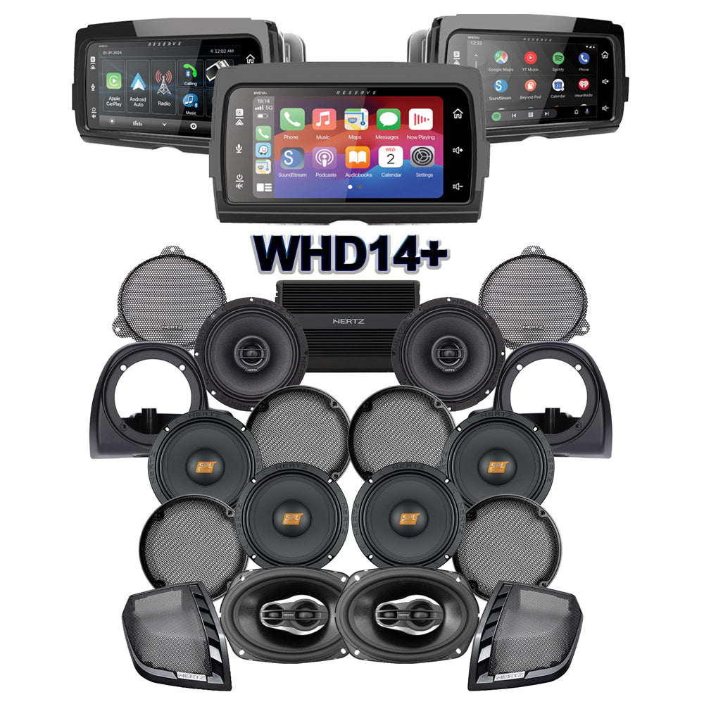 Hertz Stage 8 Plug & Play Amp and Speaker Package with Air-Cooled Lower Fairing Adapters and SoundStream Reserve WHD14+ Radio For 2014-2019 Harley Davidson® Electra Glide Ultra
