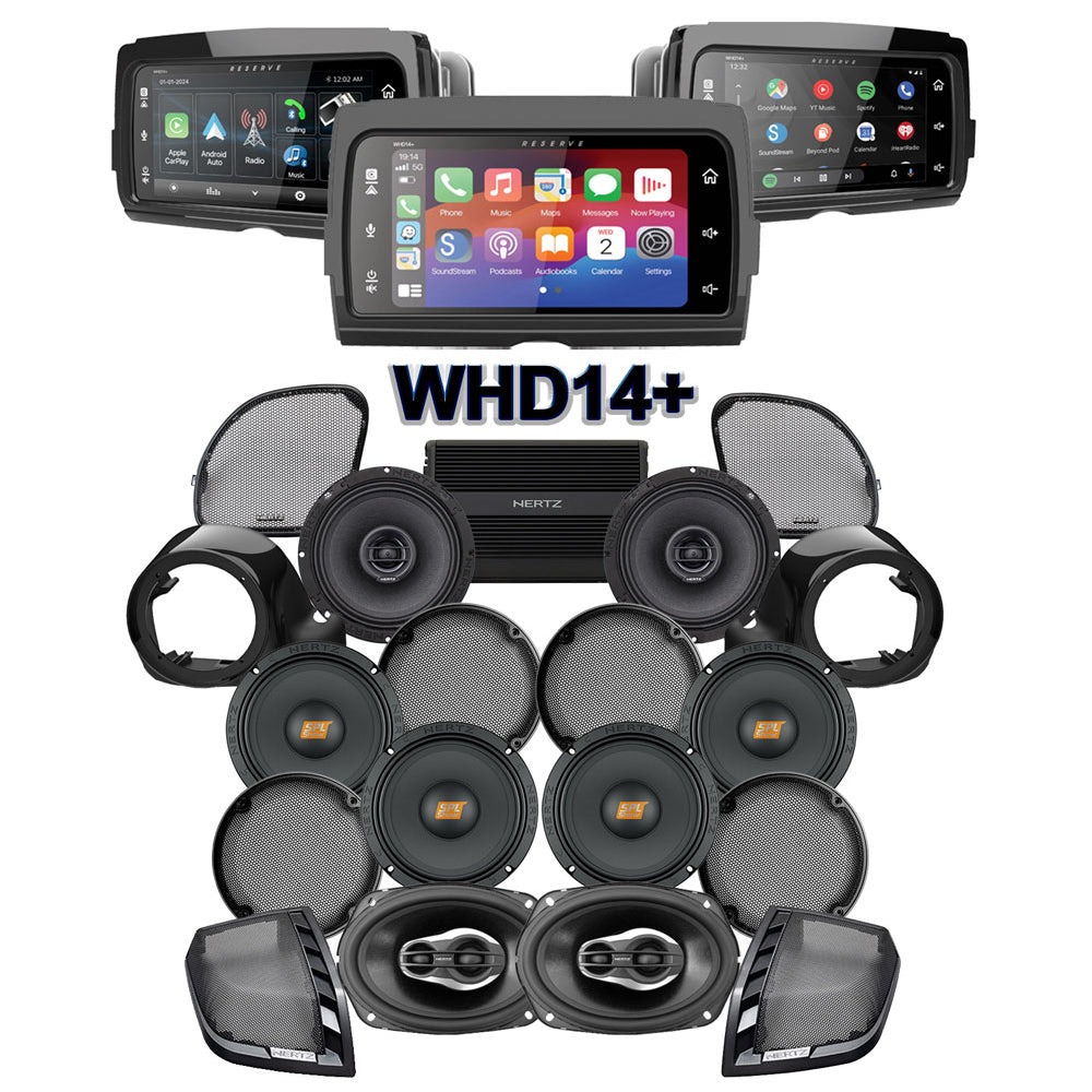 Hertz Stage 8 Plug & Play Amp and Speaker Package with Liquid-Cooled Lower Fairing Adapters and SoundStream Reserve WHD14+ Radio For 2015-2024 Harley Davidson® Road Glide Ultra / Limited