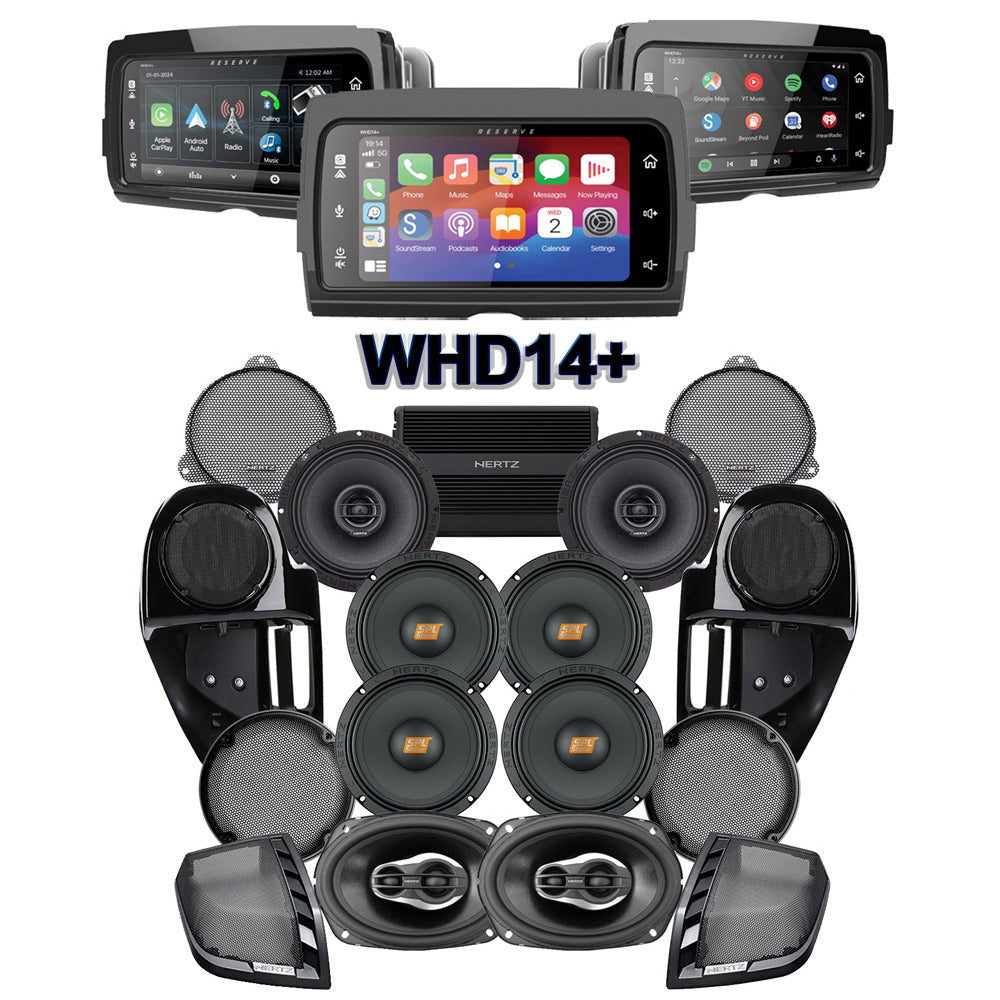 Hertz Stage 8 Plug & Play Amp and Speaker Package with Complete Lower Fairing Adapters and SoundStream Reserve WHD14+ Radio For 2014-2023 Harley Davidson® Street Glide and Electra Glide