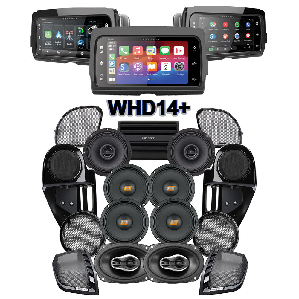 Hertz Stage 8 Plug & Play Amp and Speaker Package with Complete Lower Fairing Adapters and SoundStream Reserve WHD14+ Radio For 2015-2023 Harley Davidson® Road Glide