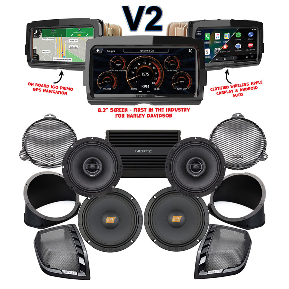 Hertz Stage 4 Plug & Play Amp And Rear 8” Speaker Package + Adapters With Soundstream Reserve V2 Radio For 2014-2023 Harley Davidson® Street Glide, Electra Glide, And Ultra