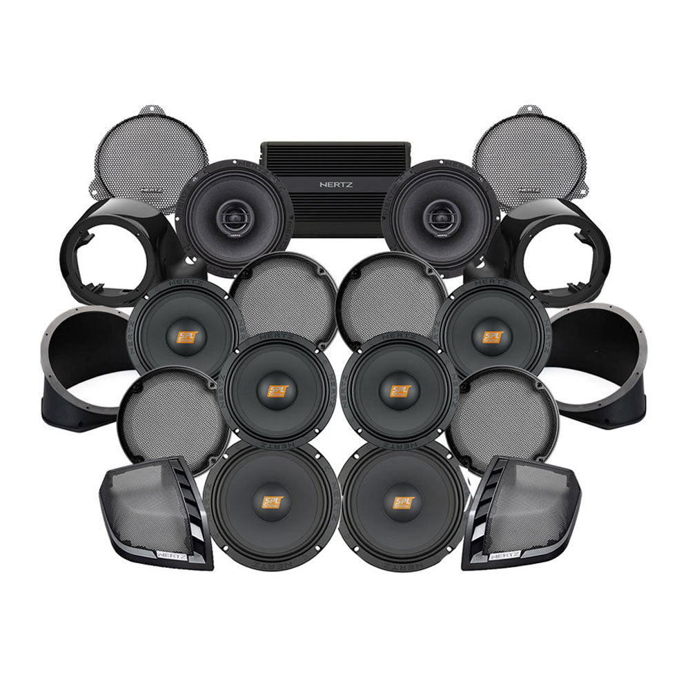 Hertz Stage 8 Plug & Play Amp and Rear 8" Speaker Package + Adapters with Liquid-Cooled Lower Fairing Adapters For 2014-2024 Harley Davidson® Ultra Limited with Factory or Existing SoundStream Reserve Radios