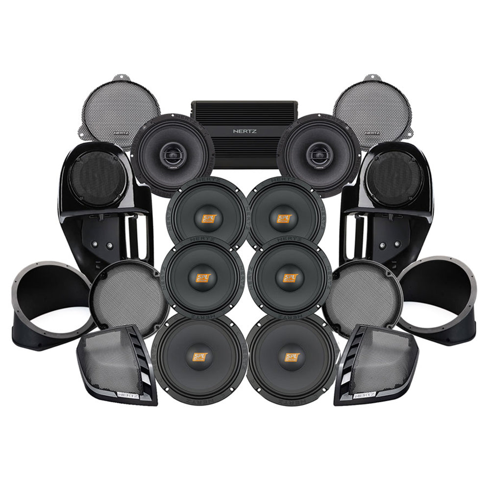 Hertz Stage 8 Plug & Play Amp and Rear 8" Speaker Package + Adapters with Complete Lower Fairing Adapters For 2014-2023 Harley Davidson® Street Glide and Electra Glide with Factory or Existing SoundStream Reserve Radios