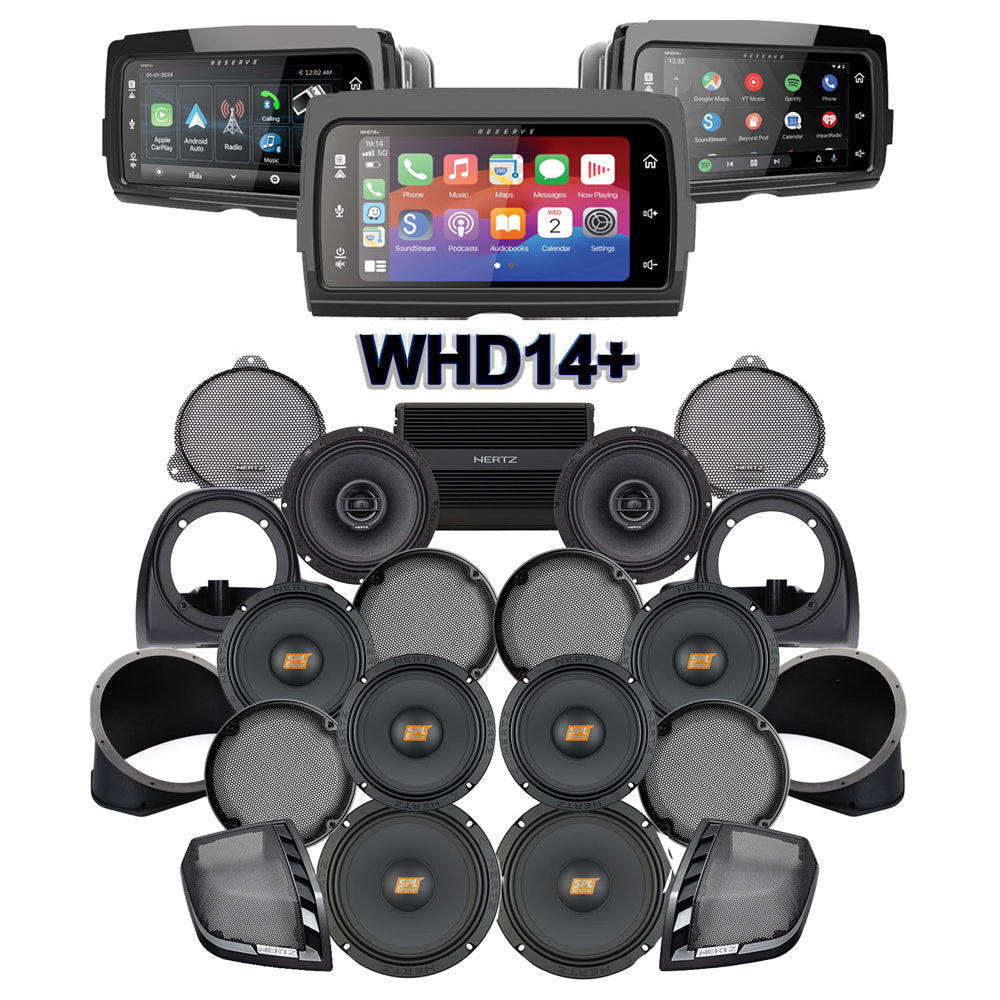 Hertz Stage 8 Plug & Play Amp and Rear 8" Speaker Package + Adapters with Air-Cooled Lower Fairing Adapters and SoundStream Reserve WHD14+ Radio For 2014-2019 Harley Davidson® Electra Glide Ultra