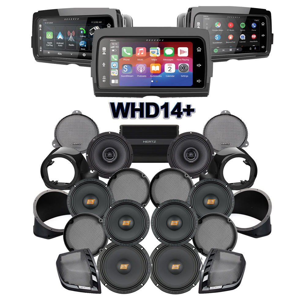 Hertz Stage 8 Plug & Play Amp and Rear 8" Speaker Package + Adapters with Liquid-Cooled Lower Fairing Adapters and SoundStream Reserve WHD14+ Radio For 2014-2024 Harley Davidson® Ultra Limited