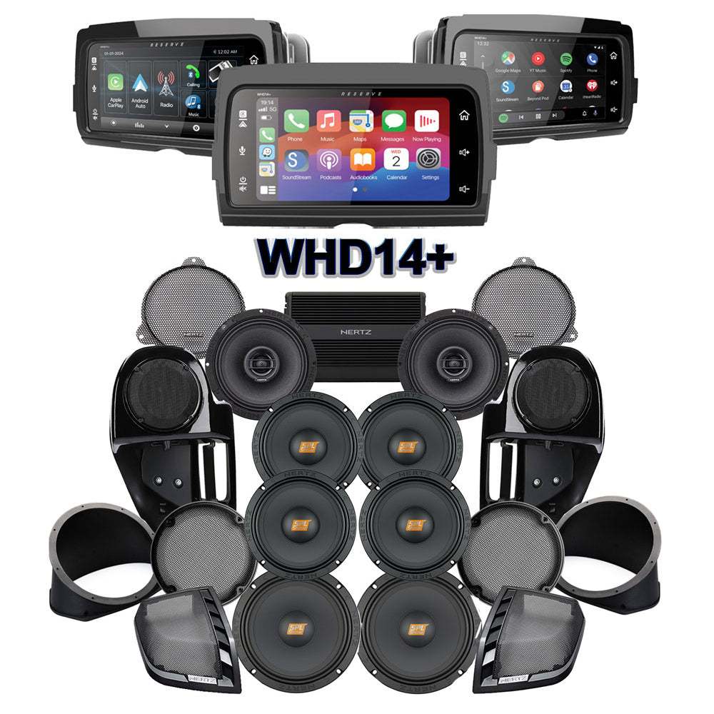 Hertz Stage 8 Plug & Play Amp and Rear 8" Speaker Package + Adapters with Complete Lower Fairing Adapters and SoundStream Reserve WHD14+ Radio For 2014-2023 Harley Davidson® Street Glide and Electra Glide